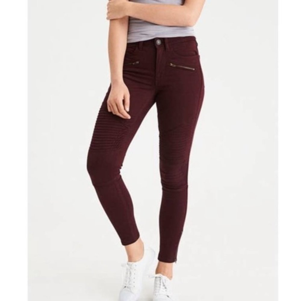 AMERICAN EAGLE BLACK MOTO PANTS sz 2 BURGUNDY